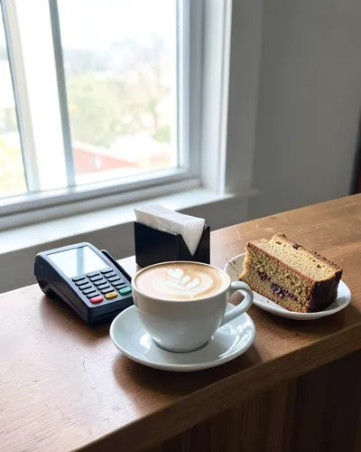 Kafe, sonra: pencere önünde latte ve yanında bir dilim kek